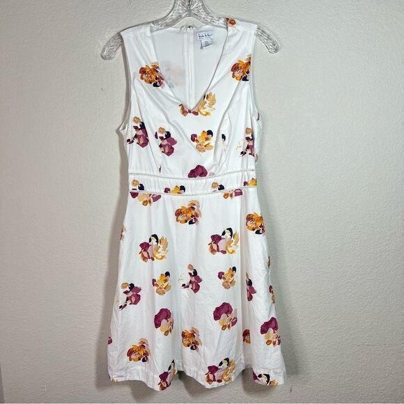 Nicole Miller White Floral Sleeveless Back Zip V Neck A-Line Dress Womens Size 6 - Picture 1 of 7